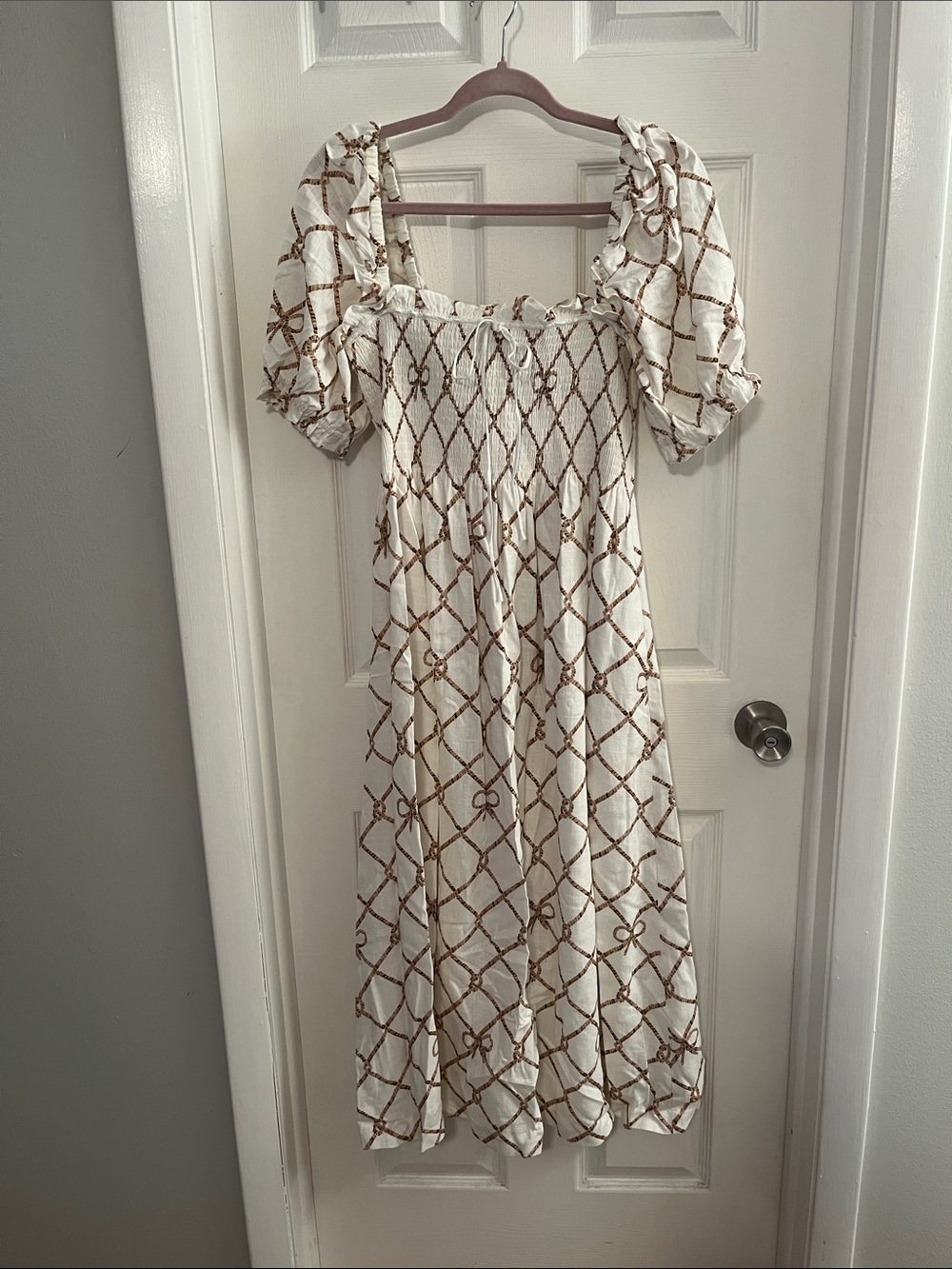 Hill House Cream and Brown Lattice Smocked Midi Dress